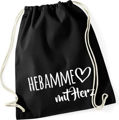 Produktbild von Huuraa Turnbeutel Hebamme mit Herz 12 Liter Black Baumwolle Rucksack Geschenkidee