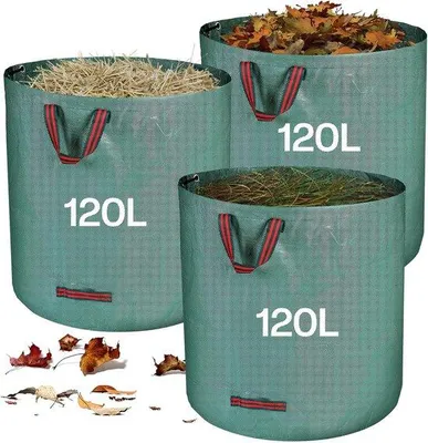 Produktbild von Famanu Gartenabfalltasche stabil - 3 x 120 Liter - grüne Schnittabfallsäcke - faltbar - robust - aus Polypropylen - 150 g/m²