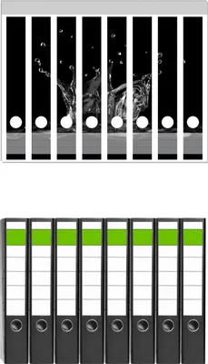 Produktbild von Wallario 8 Stück schmale Ordner inkl. Klebeetiketten mit Motive Aufspritzendes Wasser Schwarz-Weiß -  Set mit Rückenschildern / Ordnerrücken Stickern