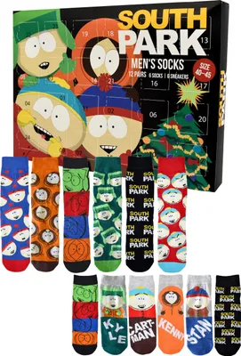 A South Park themed advent calendar box with socks displayed in front of it.