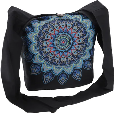 Produktbild von Bestickte Boho Tasche, Schulterbeutel mit Mandala, Nepalbeutel - Schwarz/türkis, Uni - Erwachsene, Baumwolle, 33*37*20 cm, Alternative Umhängetasche, Handtasche aus Stoff