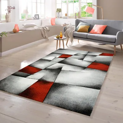 Produktbild von Designer Teppich mit Konturenschnitt Karo Muster Rot Grau Weiß Schwarz Größe - 200 x 290 cm