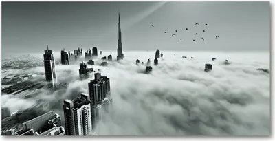 Produktbild von Tulup Glas-Bild -140x70- Wandkunst Dekorative Wand für Küche & Wohnzimmer - Sehenswürdigkeiten & Architektur - Nebel über Dubai - Schwarzweiß