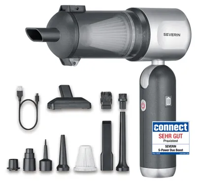 Produktbild von Severin 3-in-1 Akku-Handstaubsauger, Luftbläser & Aufpumper, Staubgebläse, Luftmatratzen Auto Haushalt, 3 Stufen, 17000Pa, Kabellos 120W, grau, HV7149