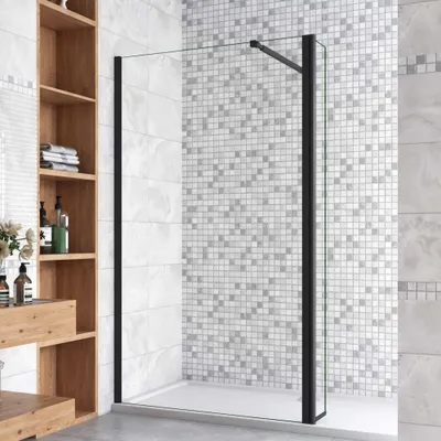 Produktbild von Schwarz Walkin Duschkabine 90x200cm + 30x200cm Flipper Panel mit Befestigungsstange die Klemme 73-120cm 8mm Nano-ESG Duschtrennwand