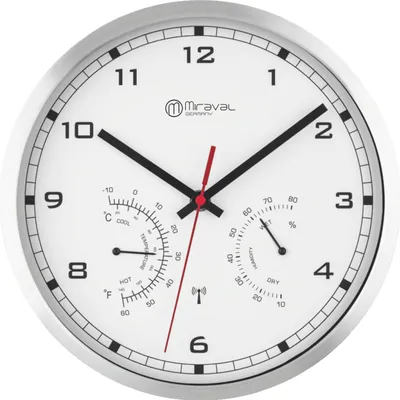 A white analog wall clock with a silver frame, featuring a thermometer and hygrometer.