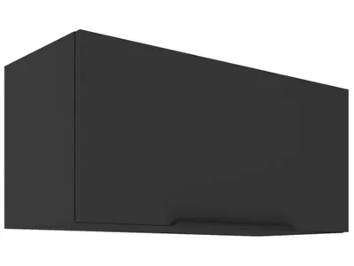 A black kitchen hood viewed from a three-quarter angle against a white background.