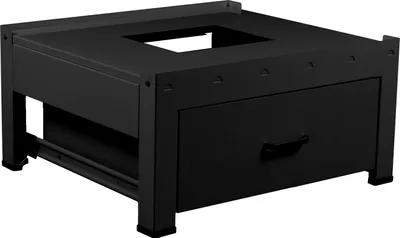 A black metal stand with a drawer and an open top, designed to elevate a washing machine.