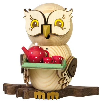 Produktbild von Drechslerei Kuhnert - Räucherfigur Eule mit Teeservice - Größe ca. 15cm, für Räucherkerzen Größe M (Standard) - 37230