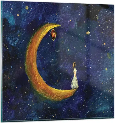 Produktbild von Bilder auf glas - Einteilig - Mädchen auf der Mond - 40x40cm - Glasbilder - Wandbilder - Bilder - zum Aufhängen bereit - Wanddekoration aus Glas - Glas Bilder - Wandbild auf Glas - GAC40x40-4575