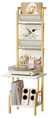 Produktbild von Plattenregal Schallplattenspieler-Tisch - 3 Ebenen - 35 x 30 x 144 cm - Gold