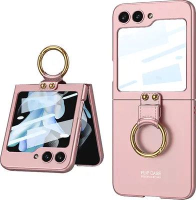 A pink flip phone case with a gold ring holder is shown open and closed against a white background.