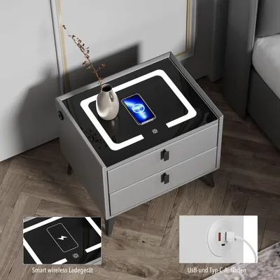 Produktbild von OYAJIA Schlafzimmer Nachttisch Nachttisch mit LED-Beleuchtung, Touch-Sensor-Licht,mit 15W Kabelloses Laden,Beistelltisch mit 2 Schubladen