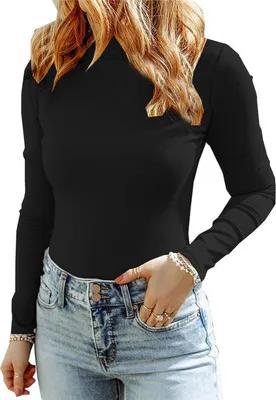 Image de ASKSA Pull léger à col roulé pour femmes Haut élégant à manches longues Slim Fit Basic Tops, Noir, L