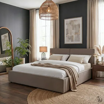 Produktbild von Polsterbett CALM in 160x200 cm in Leinenoptik, Beige - Doppelbett mit weicher Polsterung und hohem Kopfteil, inklusive Lattenrost, pflegeleicht und strapazierfähig, ideal für moderne Schlafzimmer