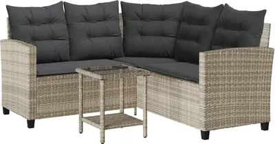 Produktbild von Gartensofa in L-Form mit Tisch und Kissen Hellgrau Poly Rattan
