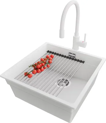 Produktbild von PRIMAGRAN Granitspüle Weiß 46x47cm, Spülbecken 1 Becken + Küchenarmatur 38x14cm + Ablauf-Set + Küchenzubehörset, Küchenspüle ab 50er Unterschrank - Praga Slim