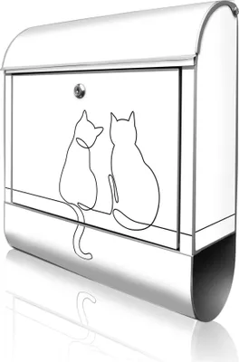 Produktbild von banjado Design Briefkasten Stahl silber mit Zeitungsfach pulverbeschichtet "Katzenliebe 2" 38x46x12,5cm & 2 Schlüssel - Postkasten A4 Einwurf inkl. Montagematerial [BK 13047]