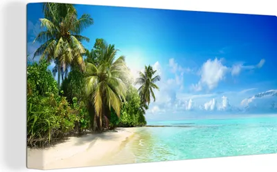 Produktbild von OneMillionCanvasses® - Leinwandbilder - Bild auf Leinwand Wandbild Leinwandbild Meer - Palme - Strand - Tropisch - Blau - Grün, 80x40 cm, Kunstdruck Wandkunst Gemälde auf Holzrahmen - Bilder auf Leinwand