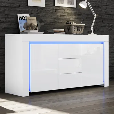 Immagine prodotto di Credenza Merax lucida con LED, cassettiera con 3 cassetti e 2 ante, mobile da soggiorno con ripiani regolabili, mobile laterale in MDF, bianco