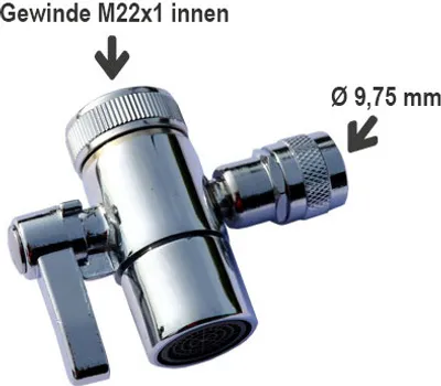 A chrome-plated water diverter valve with a lever and threaded connections, shown against a white background with text and arrows indicating dimensions and thread type.