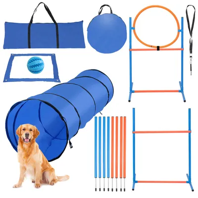 Produktbild von Ikodm Hunde Agility Set mit Tunnel 170x55 cm, 8 Slalomstangen, höhenverstellbarer Hürde und Sprungring, Pausenfeld, 2 Tragetaschen