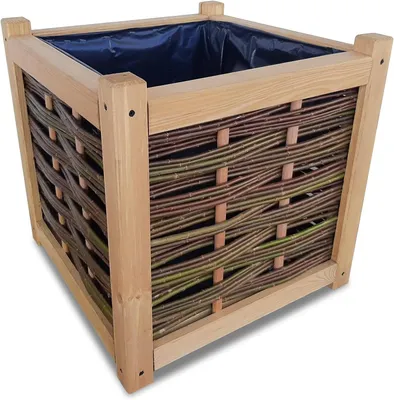 Zdjęcie produktu dla Ogrodzenia Wiklinowe Doniczka z wikliny, 65 l, 49 x 49 x 49 cm, drewniana skrzynka na kwiaty, kosz do przechowywania roślin na balkon i do ogrodu