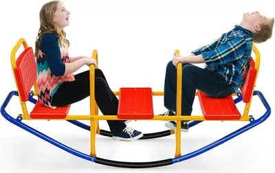 Produktbild von GOPLUS Schaukelwippe mit 3 Sitzen, Kinderschaukelstuhl mit Griffen&Rückenlehnen, Teeter Totters aus Kohlenstoffstahl, für Drinnen und Draußen, für Kinder von 3 bis 8 Jahre