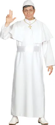 A man dressed in a white religious costume, possibly a priest or monk, stands against a white background.