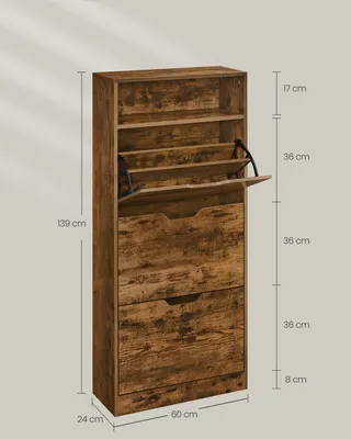 A tall, narrow shoe cabinet with multiple shelves and drawers is shown with measurement indicators overlayed.