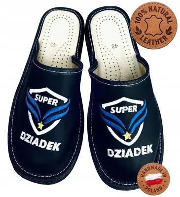 Immagine prodotto di Ciabatte da uomo in pelle, modello "Super Nonno", con ricamo, colore nero, cucite a mano, taglia 42
