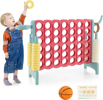 Produktbild von GOPLUS Riesiges 4 Gewinnt Spiel, Strategiespiel mit 42 Ringen, Basketballkorb & Wurfspiel & Schnellspannhebel, 4 in Einer Reihe für Kinder