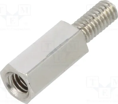 Obrázok produktu pre 10 kusov distančných objímok so závitom: vnútorný závit M2,5, vonkajší závit M2,5, dĺžka 8 mm. Katalógové číslo: 2112X08. Distančný prvok