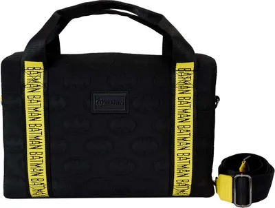 A black Batman-themed bag with yellow straps, shown against a white background. A detachable strap is also visible.