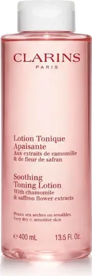A bottle of Clarins Soothing Toning Lotion is shown against a white background.