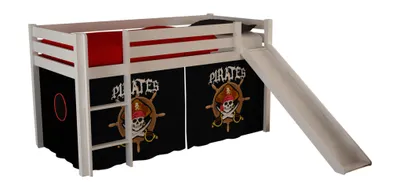 Produktbild von Vipack Spielbett Pino mit Rutsche und Textilset "Pirates" - Kiefer massiv weiß lackiert, Maße: 210 cm x 114 cm x 218 cm; PICOHSGB1477