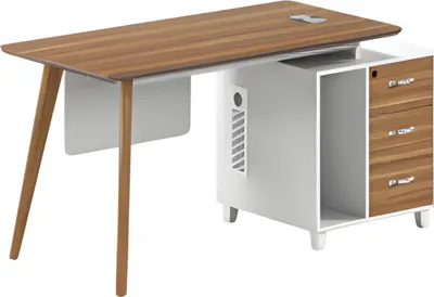 Immagine prodotto di Scrivania moderna in legno e bianco con spazio di archiviazione ed eleganti gambe in legno