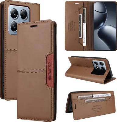 Obrázek produktu pro Pouzdro pro Xiaomi 14T Pro, kožené flipové peněženkové pouzdro s přihrádkou na karty a stojánkem Hnědý