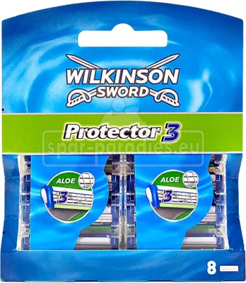 A retail package of Wilkinson Sword Protector 3 razor blades.