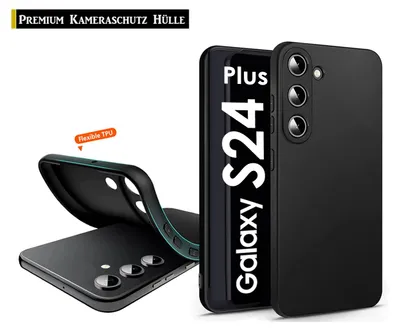 A black silicone phone case is shown, with a phone partially inserted into it. Text indicates it is for a Samsung Galaxy S24+.