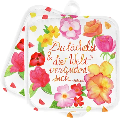 Produktbild von Mr. & Mrs. Panda Topfuntersetzer Du Lächelst - Geschenk, Freundin, Topflappen Set, Lachen Spruch, Doppel, Positiv, Zitat Buddha, schön, glücklich sein, topfhalter