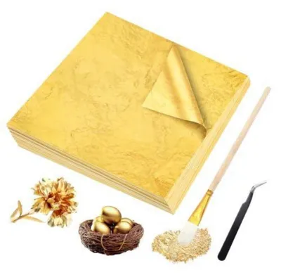 Produktbild von Blattgold 150 Stück 14 x 14 cm mit Pinzette und Pinsel für Bastelarbeiten und Dekoration