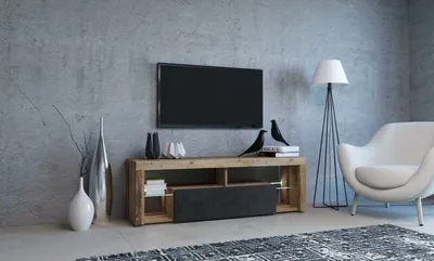 Image de Meuble TV à pose libre ou à suspendre EVEREST coloris chêne et anthracite 140x35x50 cm