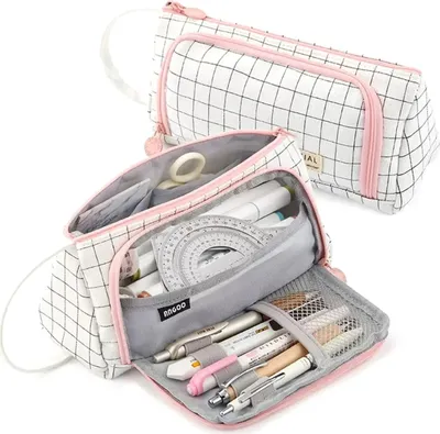 Image de Trousse à crayons pliante multifonctionnelle avec motif à carreaux, blanc, polyester, 20.5x9x10 cm