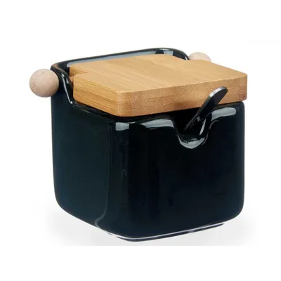 Immagine prodotto di VESSIA | Contenitore per zucchero - Zuccheriera - 8 x 8 x 10 cm - Nero - Barattolo per spezie - con coperchio e cucchiaio