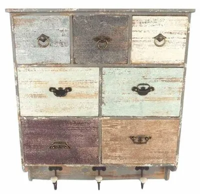 Produktbild von Casa Padrino Landhausstil Wandregal mit 7 Schubladen und 3 Haken Antik Grau / Mehrfarbig 58 x 15 x H. 69 cm - Shabby Chic Möbel