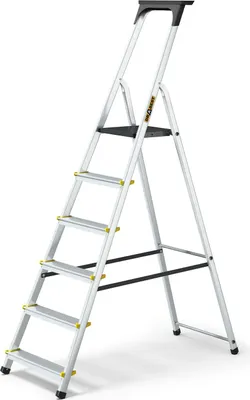 A silver multi-purpose ladder with a black platform and yellow accents, shown against a white background.