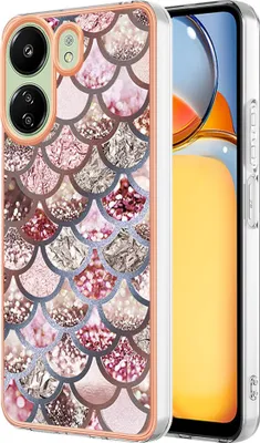 A close-up view of a phone case with a mermaid scale pattern, placed next to a smartphone.
