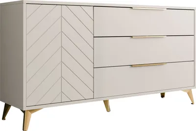 A light gray dresser with a chevron patterned door and three drawers is shown from a side angle against a white background.