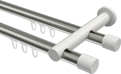 Produktbild von Interdeco Innenlaufstange / Gardinenstange mit Innenlauf Edelstahl-Optik / Weiß, Typ Platon Santo (Kappe), 20 mm Ø 2-läufig, 360 cm